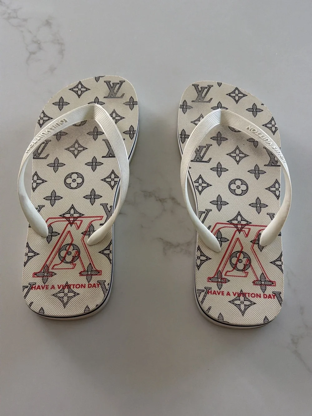 Louis Vuitton Cream and Black Monogram Thong Sandals